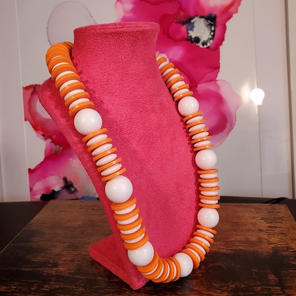 Vintage Bold Orange and White Beaded Statement Necklace